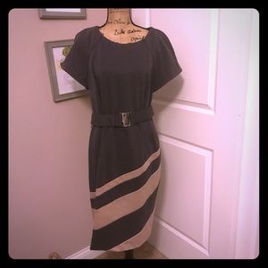 Serious Business Woman! Belted Grey/Beige Dress